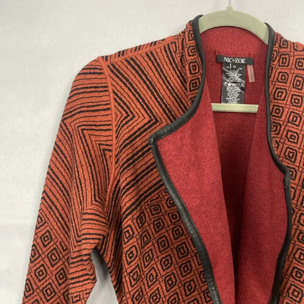 NWT NIC & ZOE Sweater M Cardigan Belted Long Geometric Faux Leather Asymmetric - Picture 2 of 14